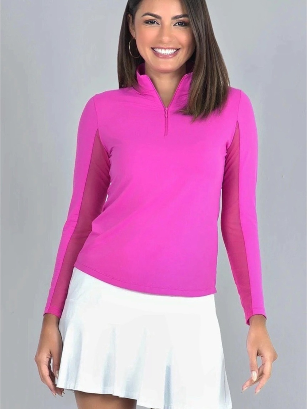 IBKUL Long Sleeve Zip Mock Solid Top Quarter Zip Pink & White Large